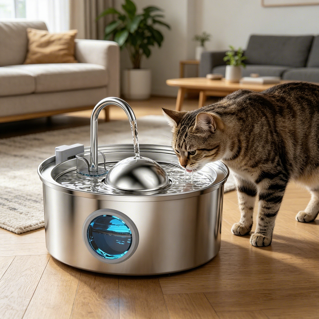 PETNEED 3.2L Stainless Steel Cat Water Fountain Visible Level & Easy Clean for Home