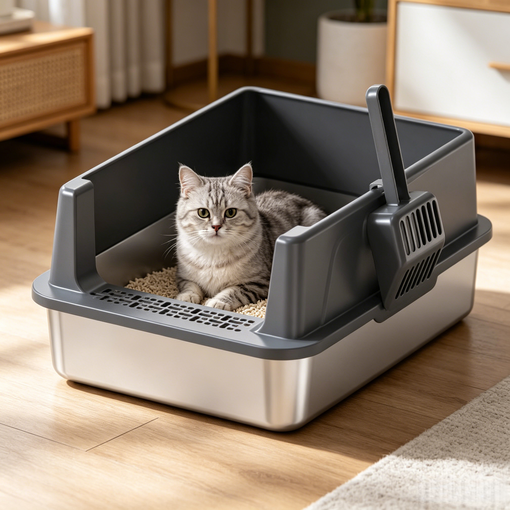 PETNEED Stainless steel cat litter box Sand-proof belt large size For 2-3 cats