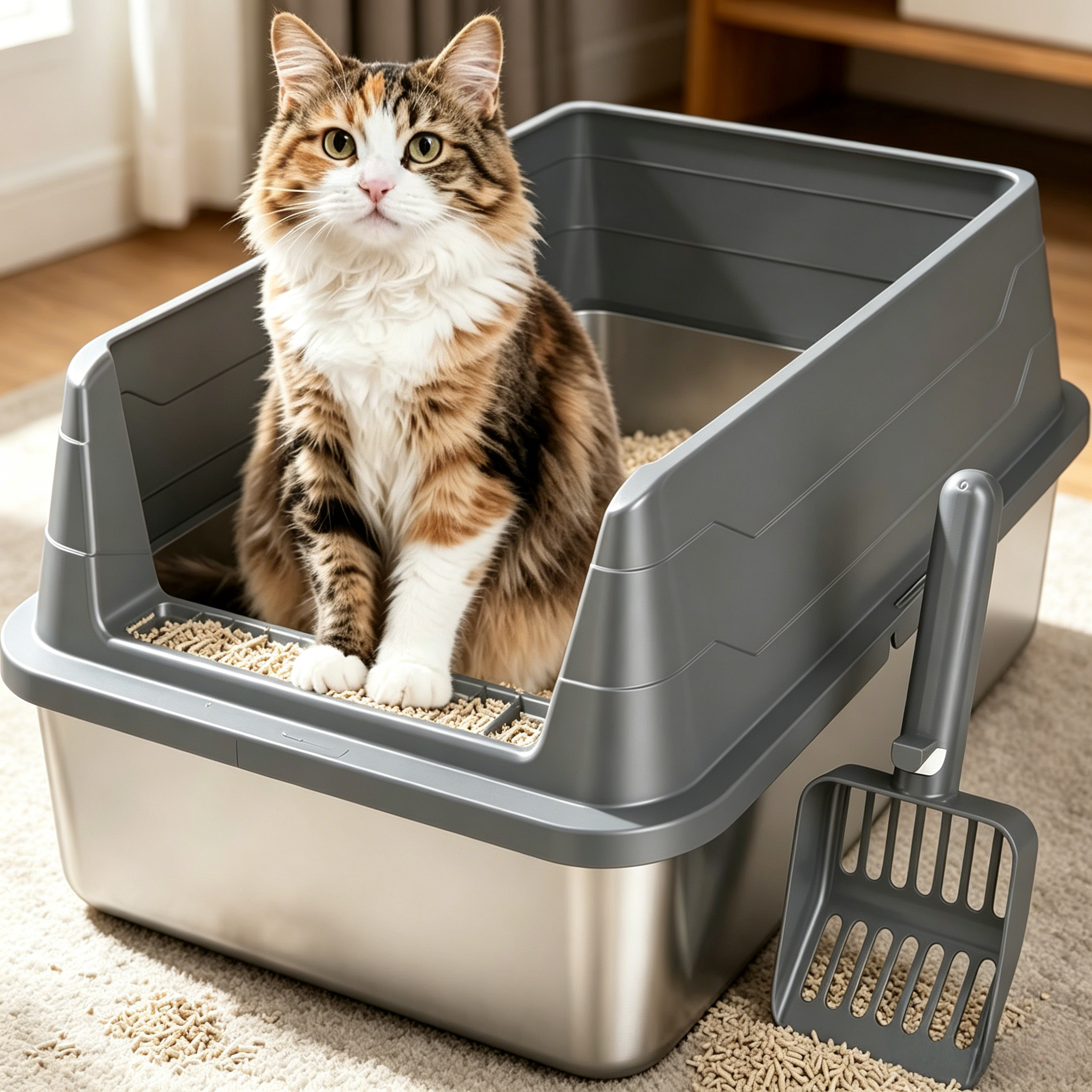 PETNEED Stainless steel cat litter box thicken Anti-splash protection for 2-3 cats