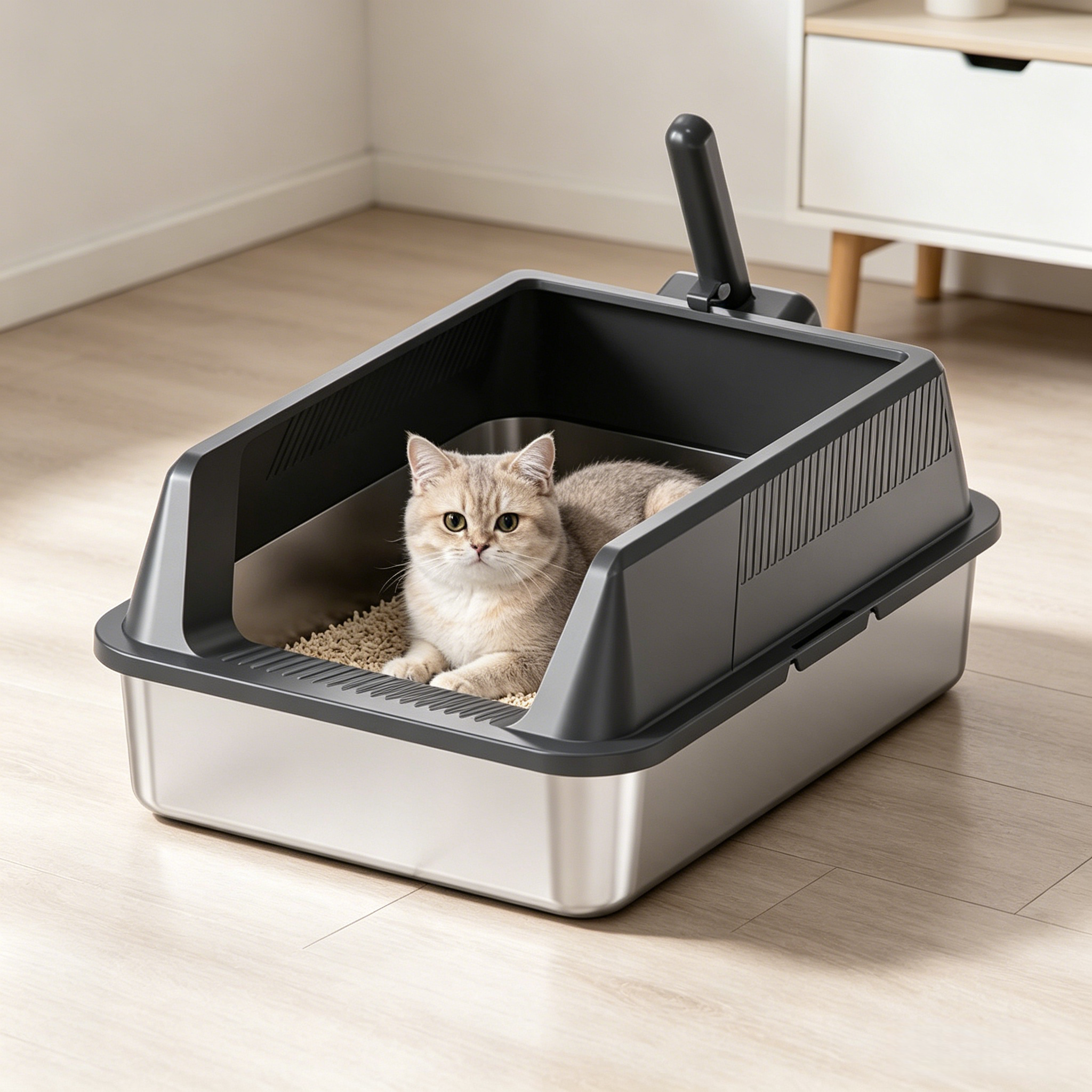 PETNEED Stainless steel cat litter box Non-stick bottom large size for 2-3 cats