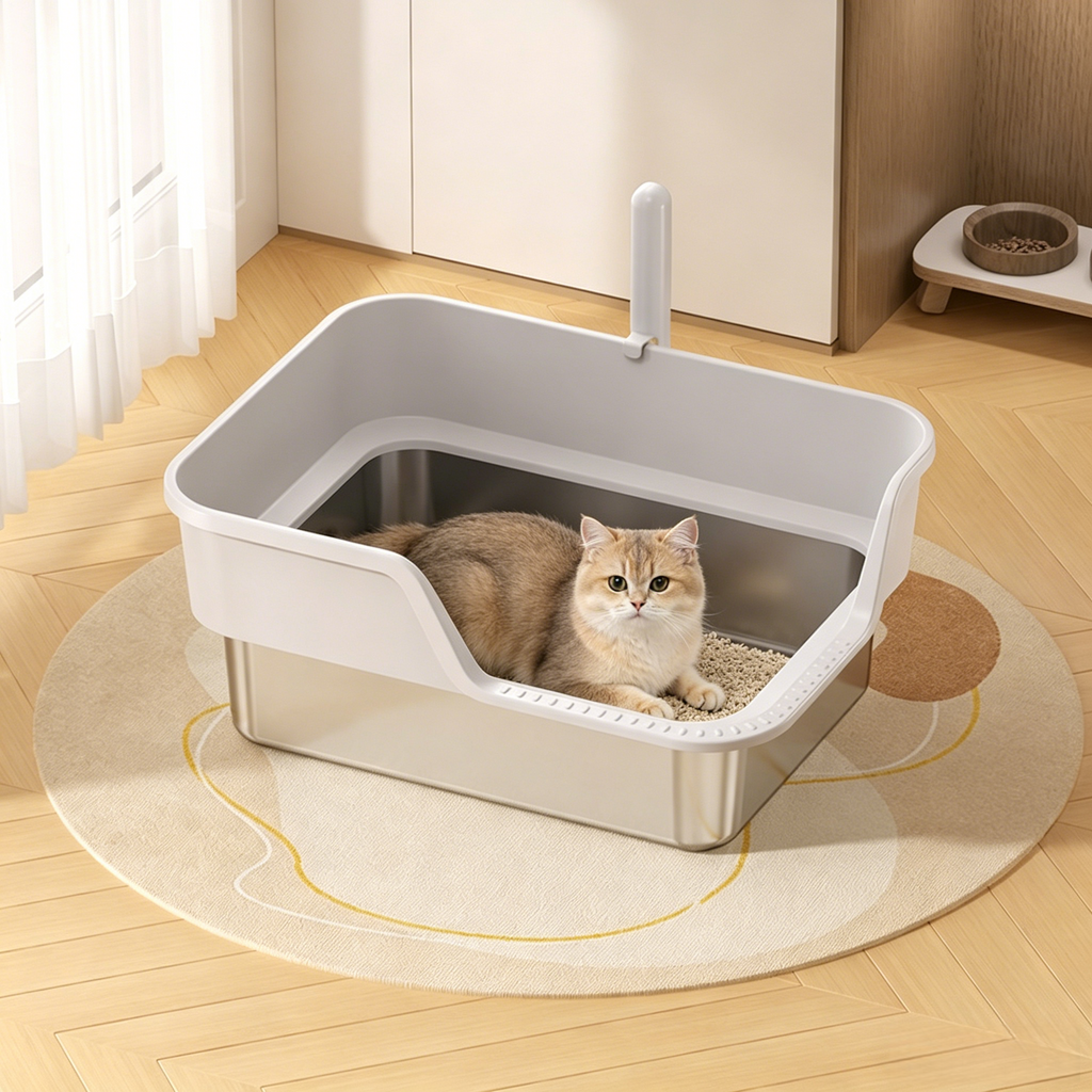 PETNEED Stainless steel cat litter box Side-loading for 2-3 cats