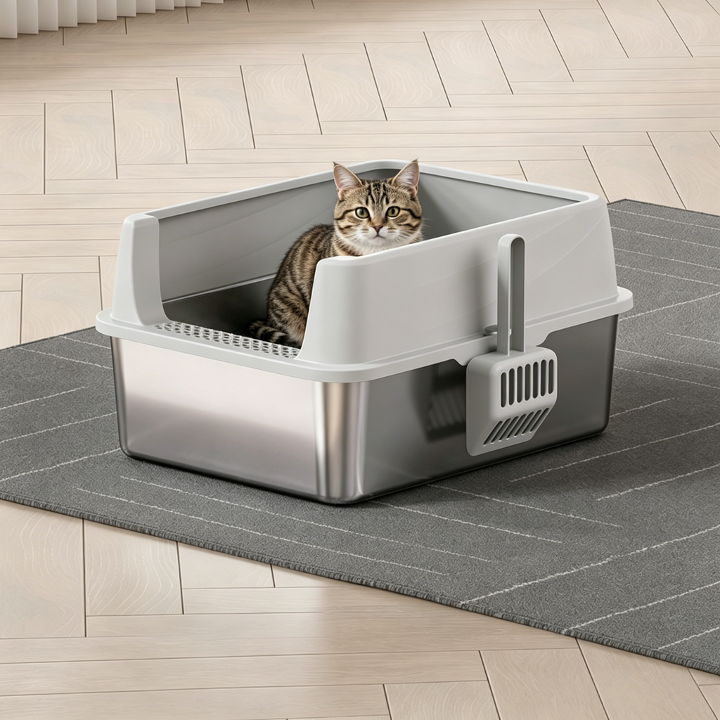PETNEED Stainless steel cat litter box large size easy to clean For 2-3 cats