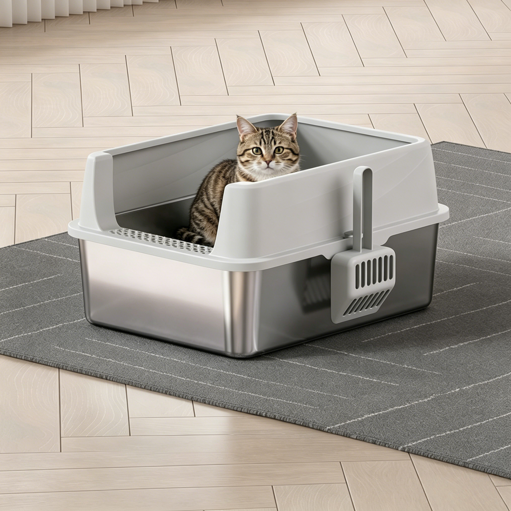 PETNEED Stainless steel cat litter box large size easy to clean For 2-3 cats