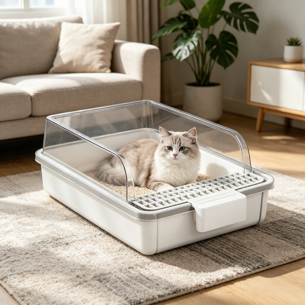 PETNEED Semi-enclosed cat litter box large size Sand-proof belt for Indoor Use