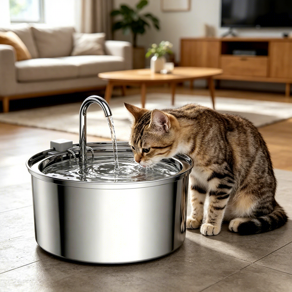 PETNEED Pet Water Fountain, 3.2L Stainless Steel, Ultra Quiet Filtered Bowl for Cat